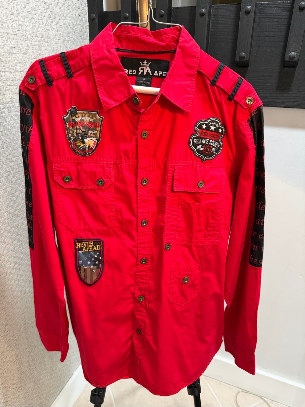 Red Ape Military-Inspired Patch Shirt Jacket in Bright Red